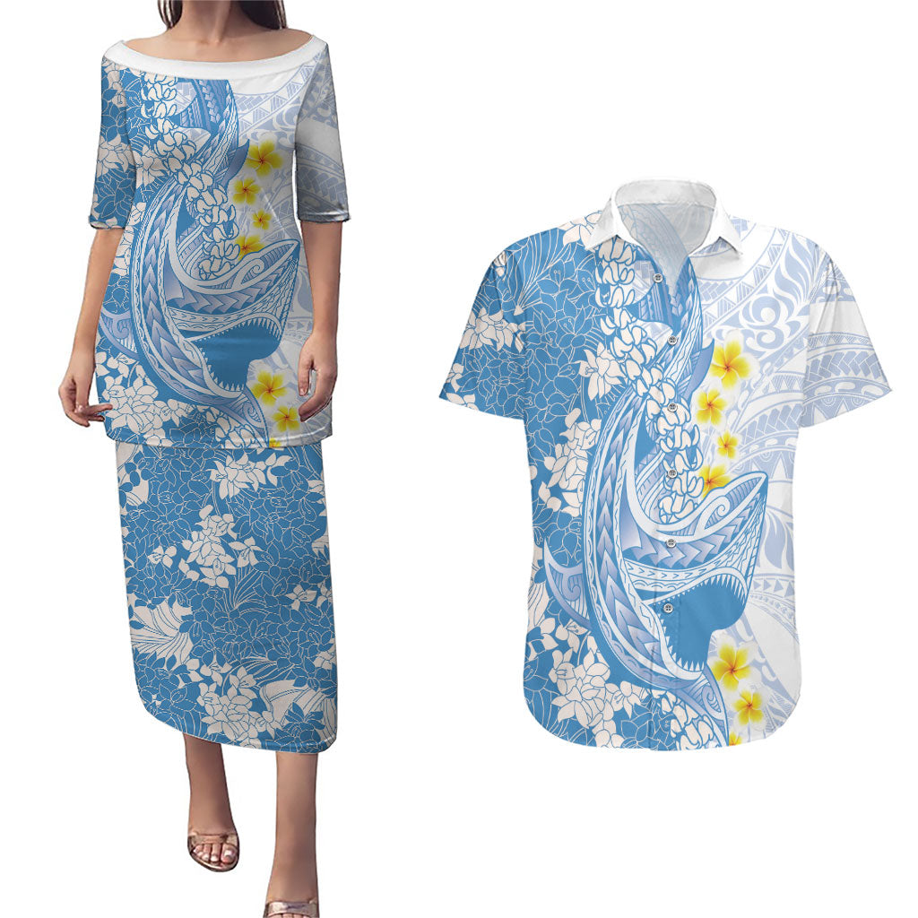 Blue Hawaii Shark Tattoo Couples Matching Puletasi and Hawaiian Shirt Puakenikeni Lei Plumeria Polynesian Pattern LT14 Blue - Polynesian Pride
