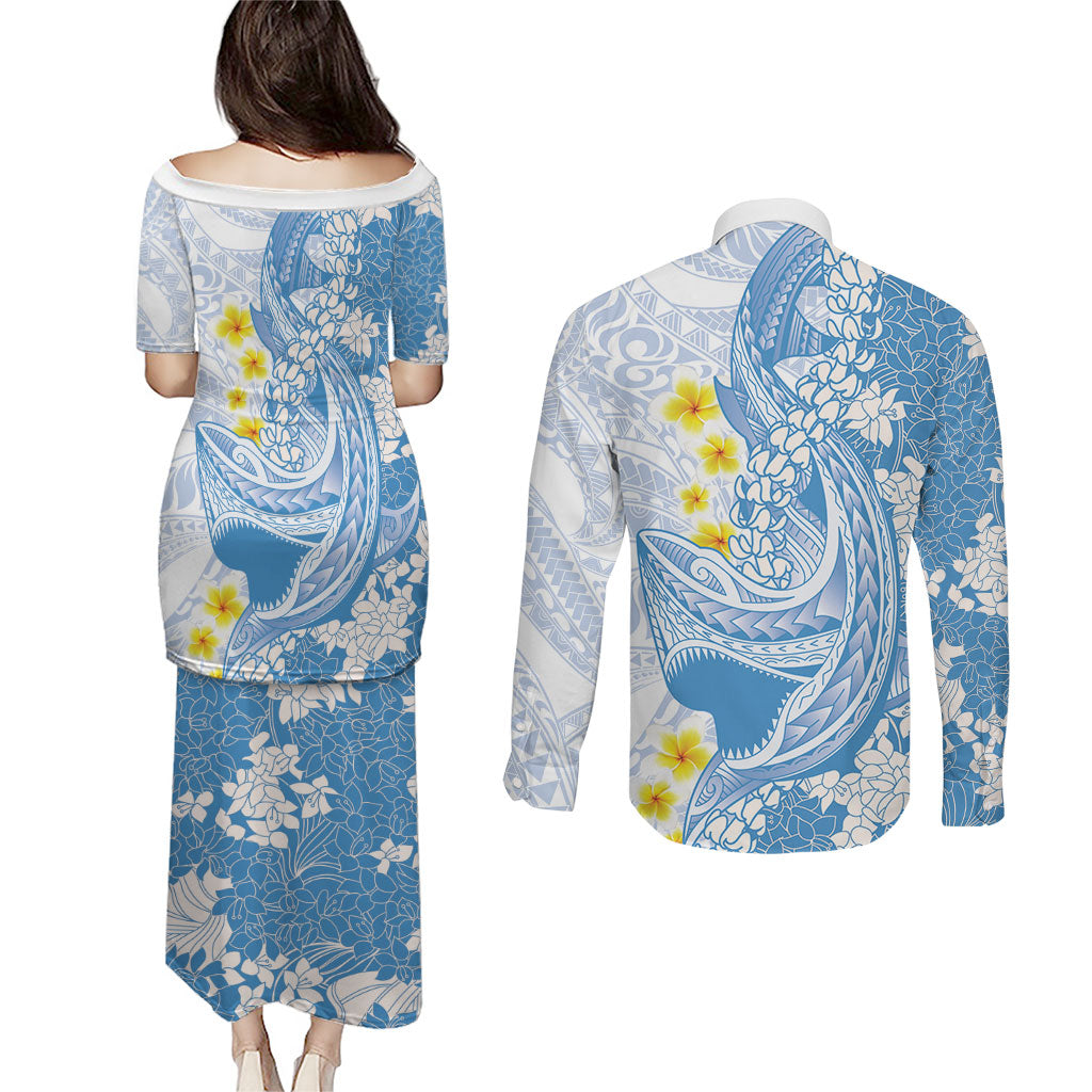 Blue Hawaii Shark Tattoo Couples Matching Puletasi and Long Sleeve Button Shirt Puakenikeni Lei Plumeria Polynesian Pattern LT14 - Polynesian Pride