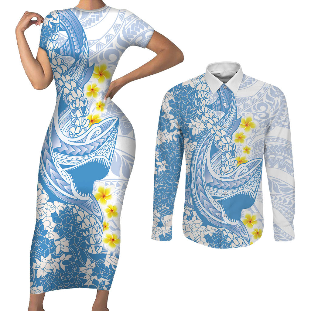 Blue Hawaii Shark Tattoo Couples Matching Short Sleeve Bodycon Dress and Long Sleeve Button Shirt Puakenikeni Lei Plumeria Polynesian Pattern LT14 Blue - Polynesian Pride