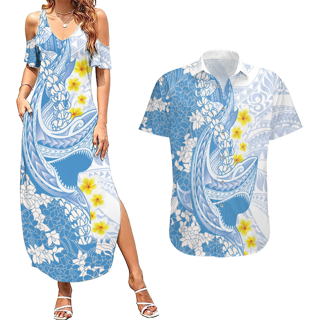 Blue Hawaii Shark Tattoo Couples Matching Summer Maxi Dress and Hawaiian Shirt Puakenikeni Lei Plumeria Polynesian Pattern LT14 Blue - Polynesian Pride