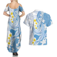 Blue Hawaii Shark Tattoo Couples Matching Summer Maxi Dress and Hawaiian Shirt Puakenikeni Lei Plumeria Polynesian Pattern LT14 - Polynesian Pride