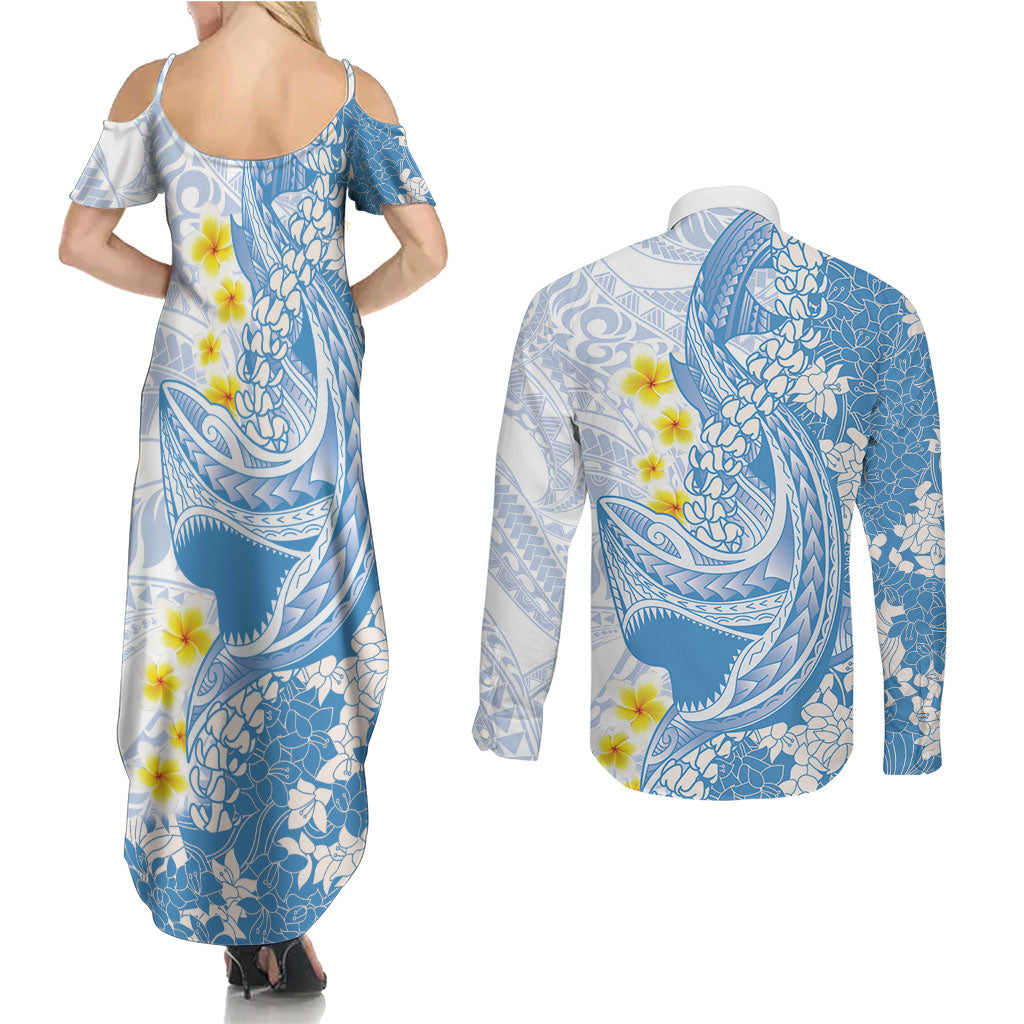 Blue Hawaii Shark Tattoo Couples Matching Summer Maxi Dress and Long Sleeve Button Shirt Puakenikeni Lei Plumeria Polynesian Pattern LT14 - Polynesian Pride