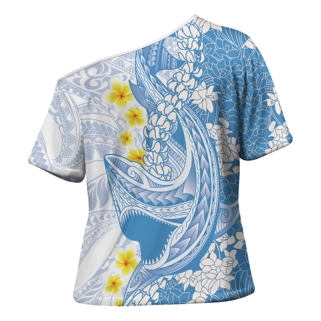Blue Hawaii Shark Tattoo Cross Shoulder Shirt Puakenikeni Lei Plumeria Polynesian Pattern