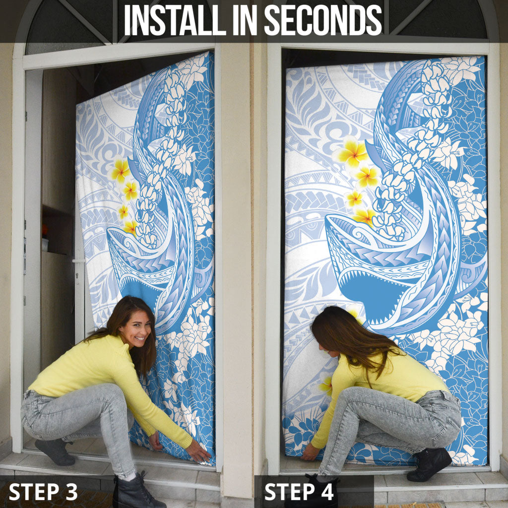 Blue Hawaii Shark Tattoo Door Cover Puakenikeni Lei Plumeria Polynesian Pattern