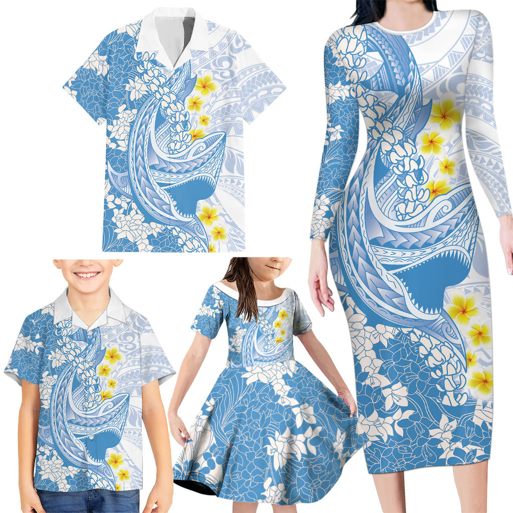 Blue Hawaii Shark Tattoo Family Matching Long Sleeve Bodycon Dress and Hawaiian Shirt Puakenikeni Lei Plumeria Polynesian Pattern LT14 - Polynesian Pride