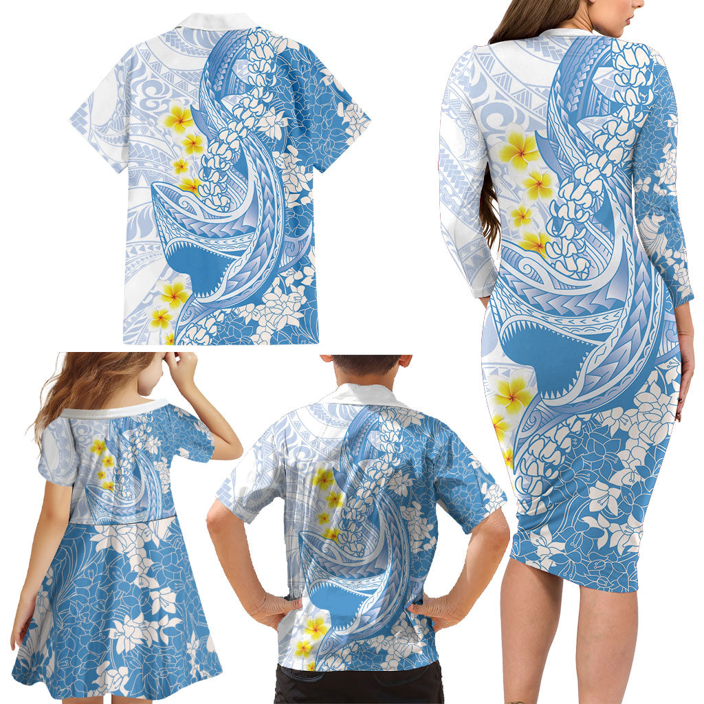 Blue Hawaii Shark Tattoo Family Matching Long Sleeve Bodycon Dress and Hawaiian Shirt Puakenikeni Lei Plumeria Polynesian Pattern LT14 - Polynesian Pride