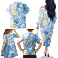 Blue Hawaii Shark Tattoo Family Matching Off The Shoulder Long Sleeve Dress and Hawaiian Shirt Puakenikeni Lei Plumeria Polynesian Pattern LT14 - Polynesian Pride