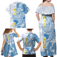 Blue Hawaii Shark Tattoo Family Matching Off Shoulder Maxi Dress and Hawaiian Shirt Puakenikeni Lei Plumeria Polynesian Pattern LT14 - Polynesian Pride
