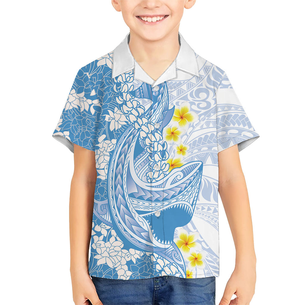 Blue Hawaii Shark Tattoo Family Matching Off Shoulder Short Dress and Hawaiian Shirt Puakenikeni Lei Plumeria Polynesian Pattern LT14 Son's Shirt Blue - Polynesian Pride