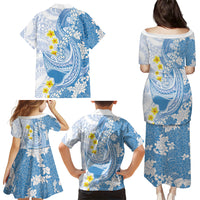 Blue Hawaii Shark Tattoo Family Matching Puletasi and Hawaiian Shirt Puakenikeni Lei Plumeria Polynesian Pattern