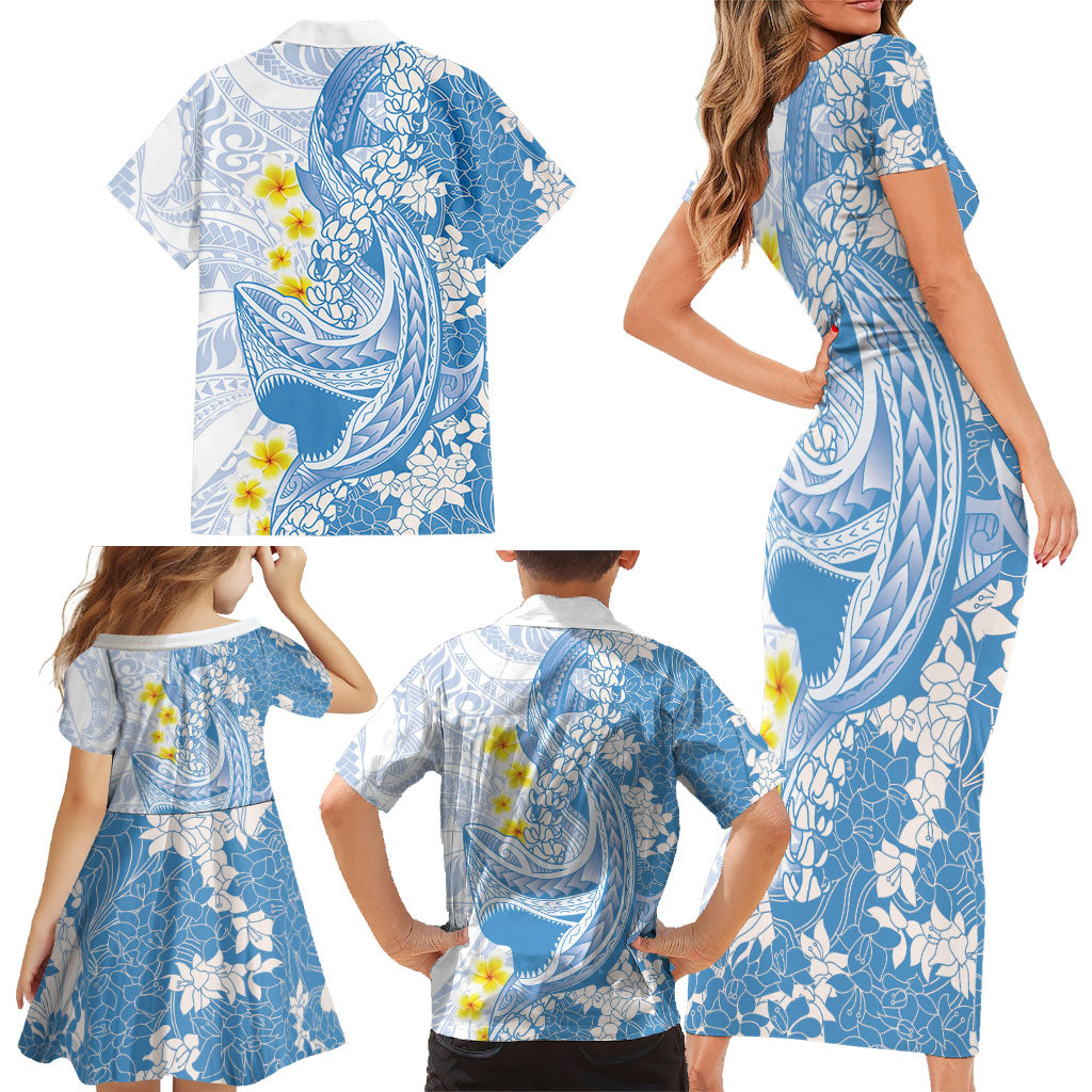 Blue Hawaii Shark Tattoo Family Matching Short Sleeve Bodycon Dress and Hawaiian Shirt Puakenikeni Lei Plumeria Polynesian Pattern LT14 - Polynesian Pride