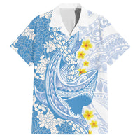 Blue Hawaii Shark Tattoo Family Matching Short Sleeve Bodycon Dress and Hawaiian Shirt Puakenikeni Lei Plumeria Polynesian Pattern LT14 Dad's Shirt - Short Sleeve Blue - Polynesian Pride