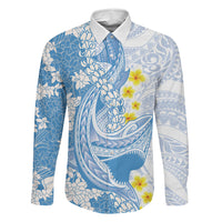 Blue Hawaii Shark Tattoo Family Matching Short Sleeve Bodycon Dress and Hawaiian Shirt Puakenikeni Lei Plumeria Polynesian Pattern LT14 Dad's Shirt - Long Sleeve Blue - Polynesian Pride
