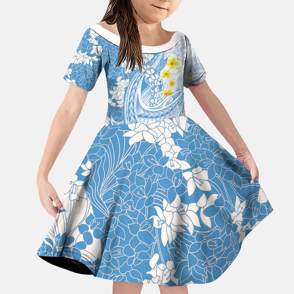 Blue Hawaii Shark Tattoo Family Matching Summer Maxi Dress and Hawaiian Shirt Puakenikeni Lei Plumeria Polynesian Pattern LT14 Daughter's Dress Blue - Polynesian Pride