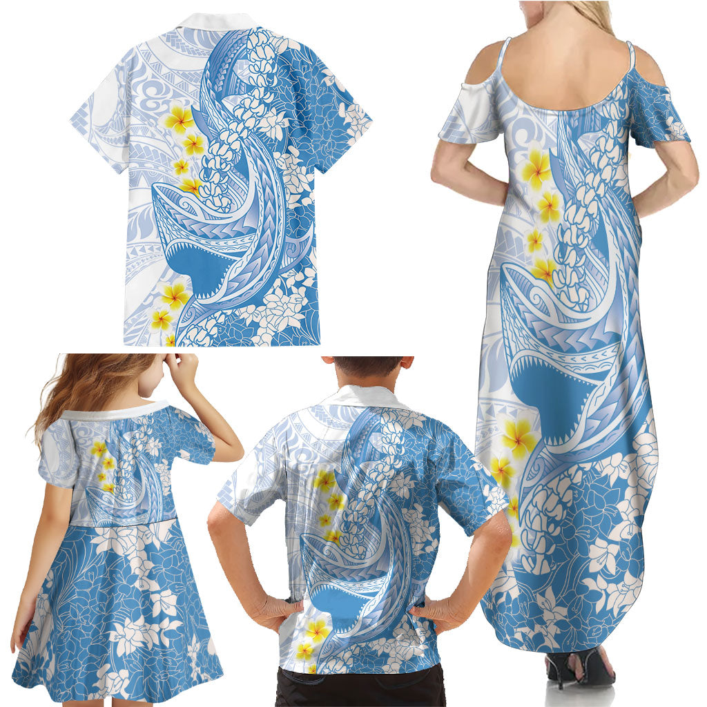 Blue Hawaii Shark Tattoo Family Matching Summer Maxi Dress and Hawaiian Shirt Puakenikeni Lei Plumeria Polynesian Pattern LT14 - Polynesian Pride