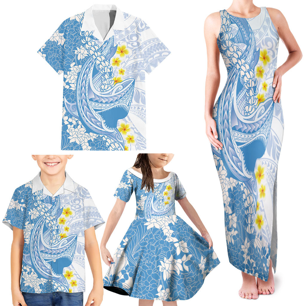 Blue Hawaii Shark Tattoo Family Matching Tank Maxi Dress and Hawaiian Shirt Puakenikeni Lei Plumeria Polynesian Pattern LT14 - Polynesian Pride