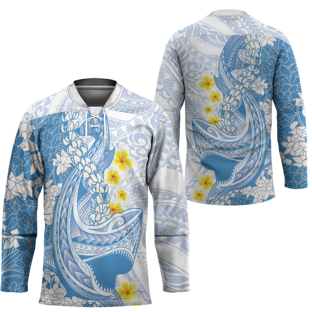 Blue Hawaii Shark Tattoo Hockey Jersey Puakenikeni Lei Plumeria Polynesian Pattern