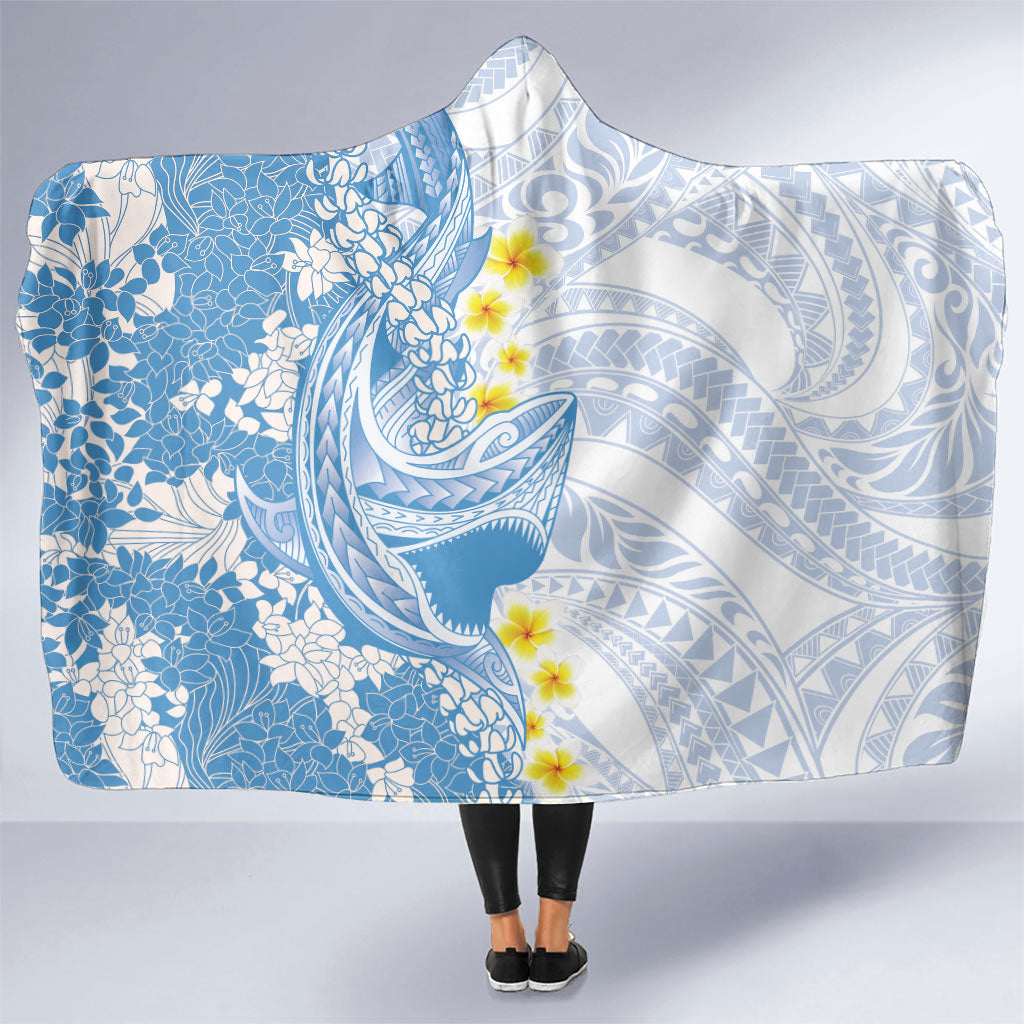 Blue Hawaii Shark Tattoo Hooded Blanket Puakenikeni Lei Plumeria Polynesian Pattern