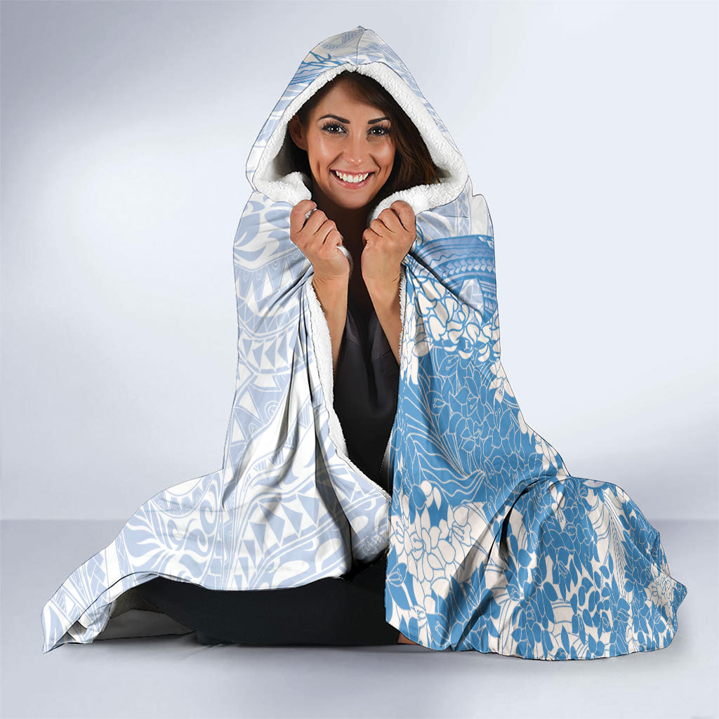 Blue Hawaii Shark Tattoo Hooded Blanket Puakenikeni Lei Plumeria Polynesian Pattern