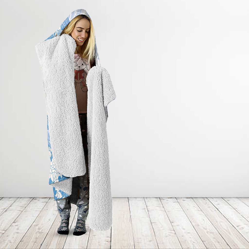 Blue Hawaii Shark Tattoo Hooded Blanket Puakenikeni Lei Plumeria Polynesian Pattern