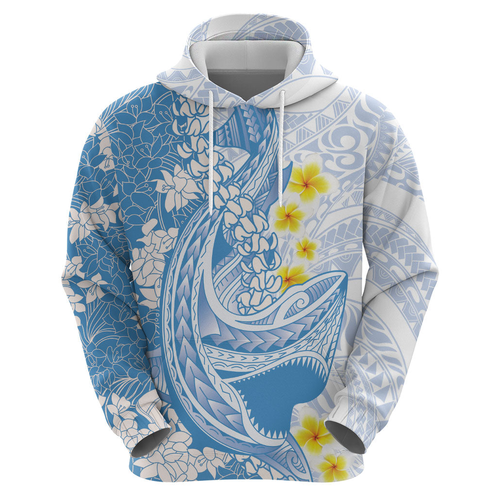 Blue Hawaii Shark Tattoo Hoodie Puakenikeni Lei Plumeria Polynesian Pattern