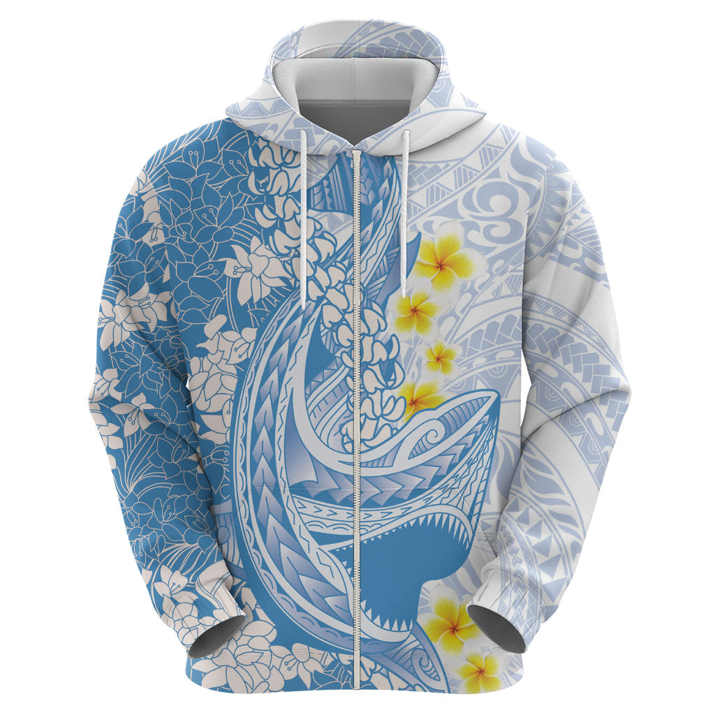 Blue Hawaii Shark Tattoo Hoodie Puakenikeni Lei Plumeria Polynesian Pattern