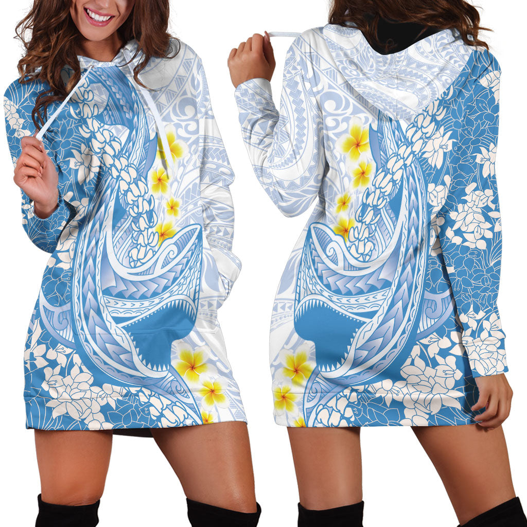 Blue Hawaii Shark Tattoo Hoodie Dress Puakenikeni Lei Plumeria Polynesian Pattern LT14 - Polynesian Pride