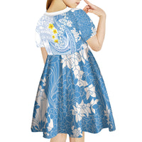 Blue Hawaii Shark Tattoo Kid Short Sleeve Dress Puakenikeni Lei Plumeria Polynesian Pattern