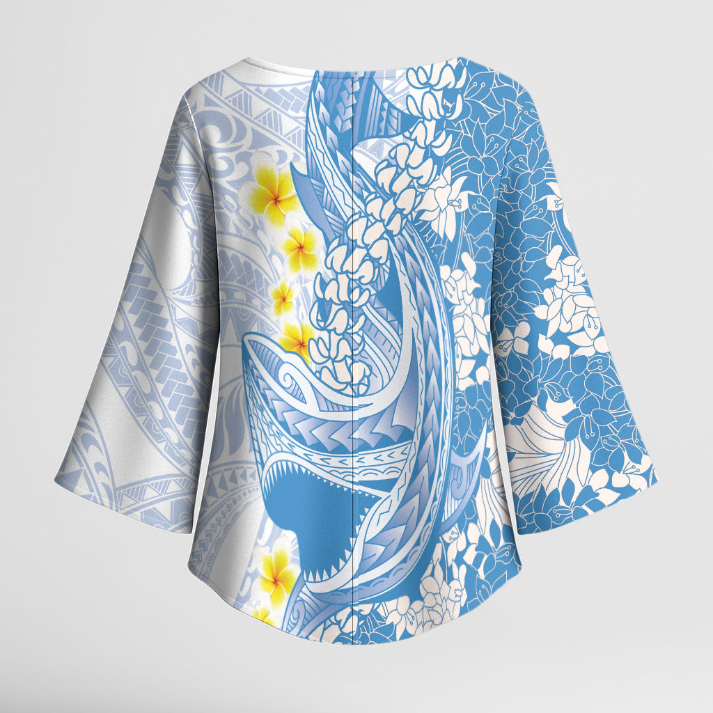 Blue Hawaii Shark Tattoo Kimono Sleeve Blouse Puakenikeni Lei Plumeria Polynesian Pattern