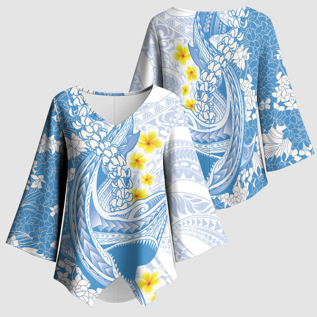 Blue Hawaii Shark Tattoo Kimono Sleeve Blouse Puakenikeni Lei Plumeria Polynesian Pattern