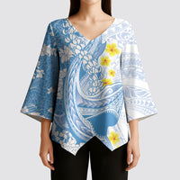 Blue Hawaii Shark Tattoo Kimono Sleeve Blouse Puakenikeni Lei Plumeria Polynesian Pattern