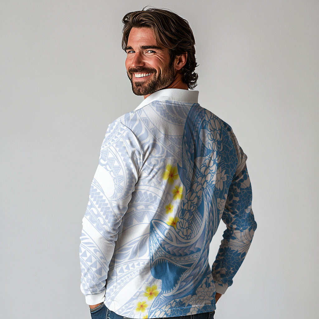 Blue Hawaii Shark Tattoo Long Sleeve Polo Shirt Puakenikeni Lei Plumeria Polynesian Pattern