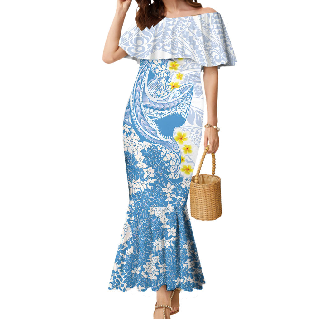 Blue Hawaii Shark Tattoo Mermaid Dress Puakenikeni Lei Plumeria Polynesian Pattern