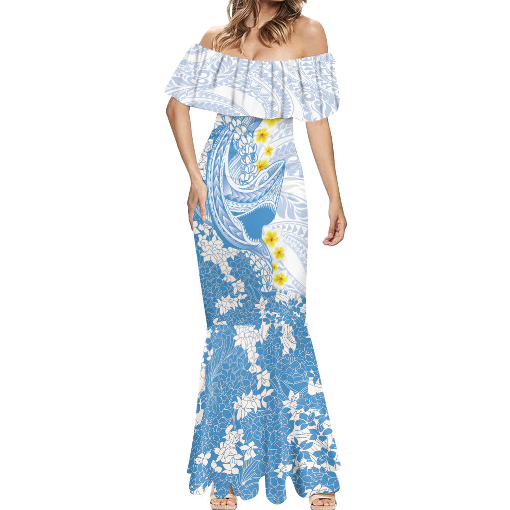 Blue Hawaii Shark Tattoo Mermaid Dress Puakenikeni Lei Plumeria Polynesian Pattern