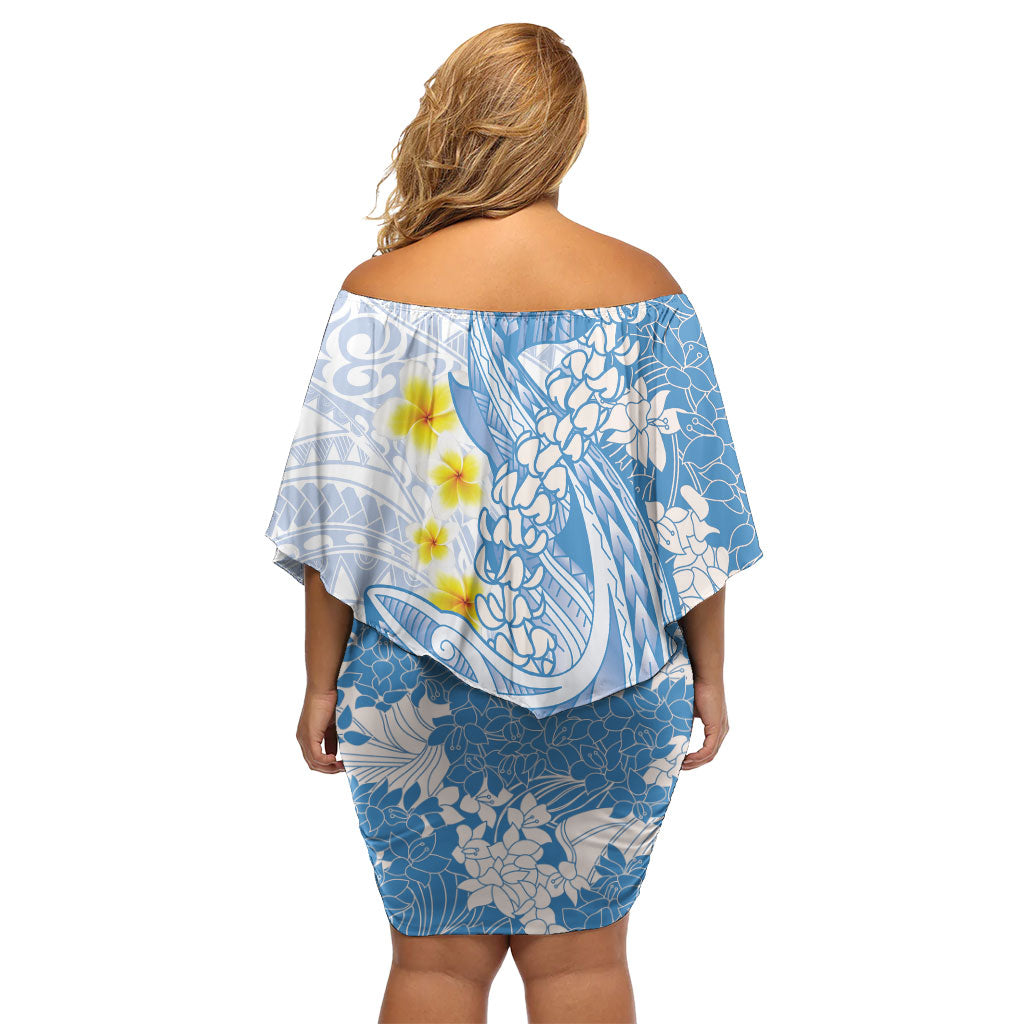 Blue Hawaii Shark Tattoo Off Shoulder Short Dress Puakenikeni Lei Plumeria Polynesian Pattern