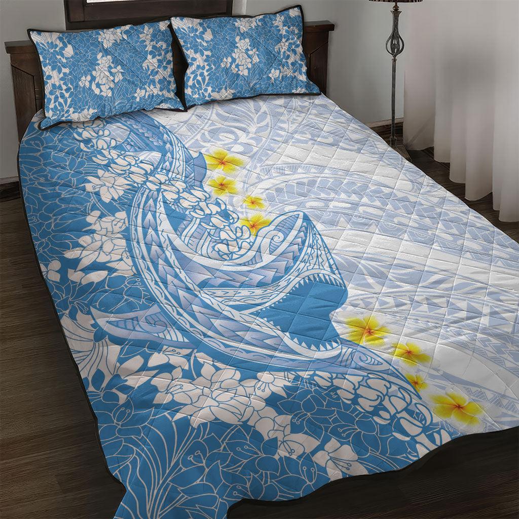 Blue Hawaii Shark Tattoo Quilt Bed Set Puakenikeni Lei Plumeria Polynesian Pattern