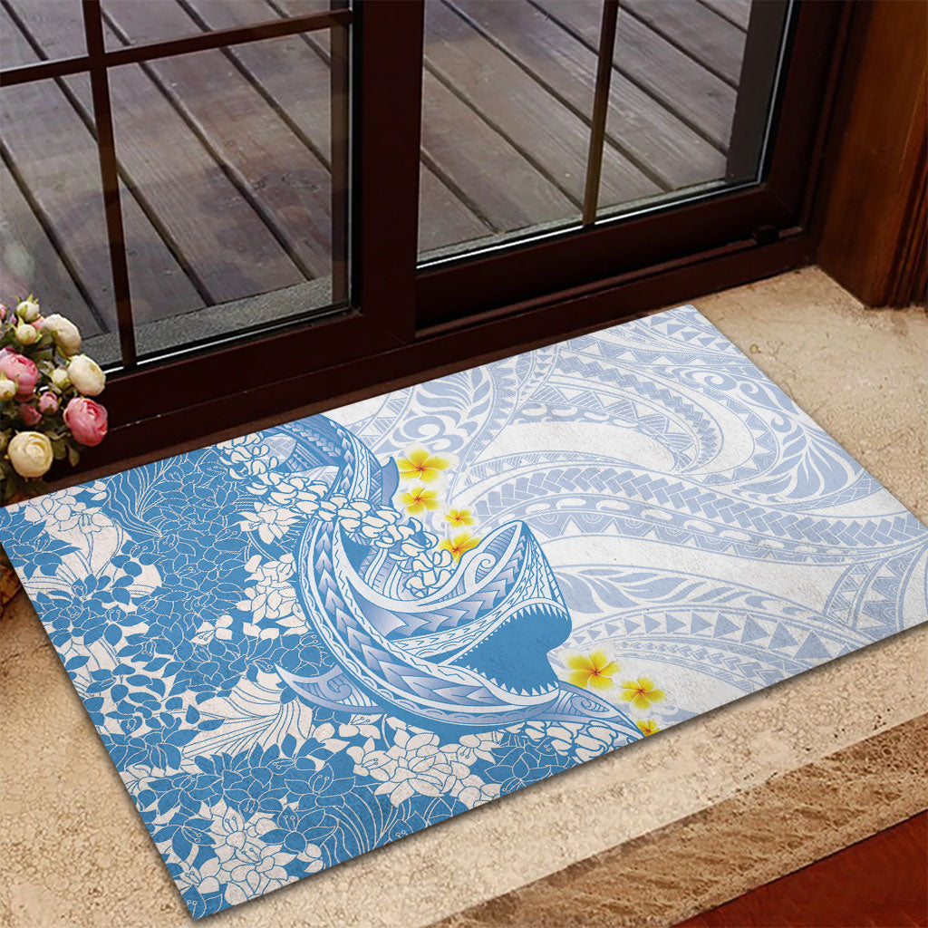 Blue Hawaii Shark Tattoo Rubber Doormat Puakenikeni Lei Plumeria Polynesian Pattern