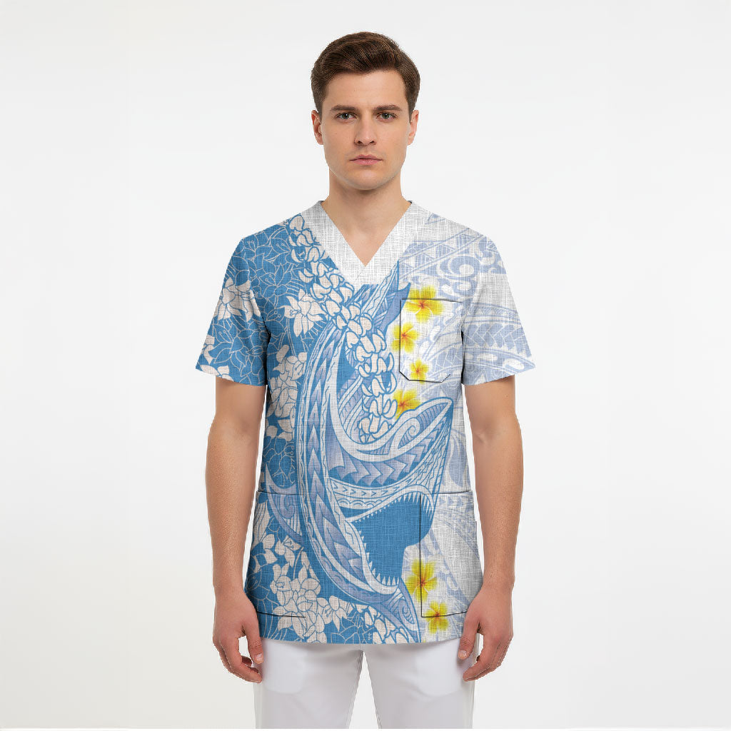 Blue Hawaii Shark Tattoo Scrub Top Puakenikeni Lei Plumeria Polynesian Pattern