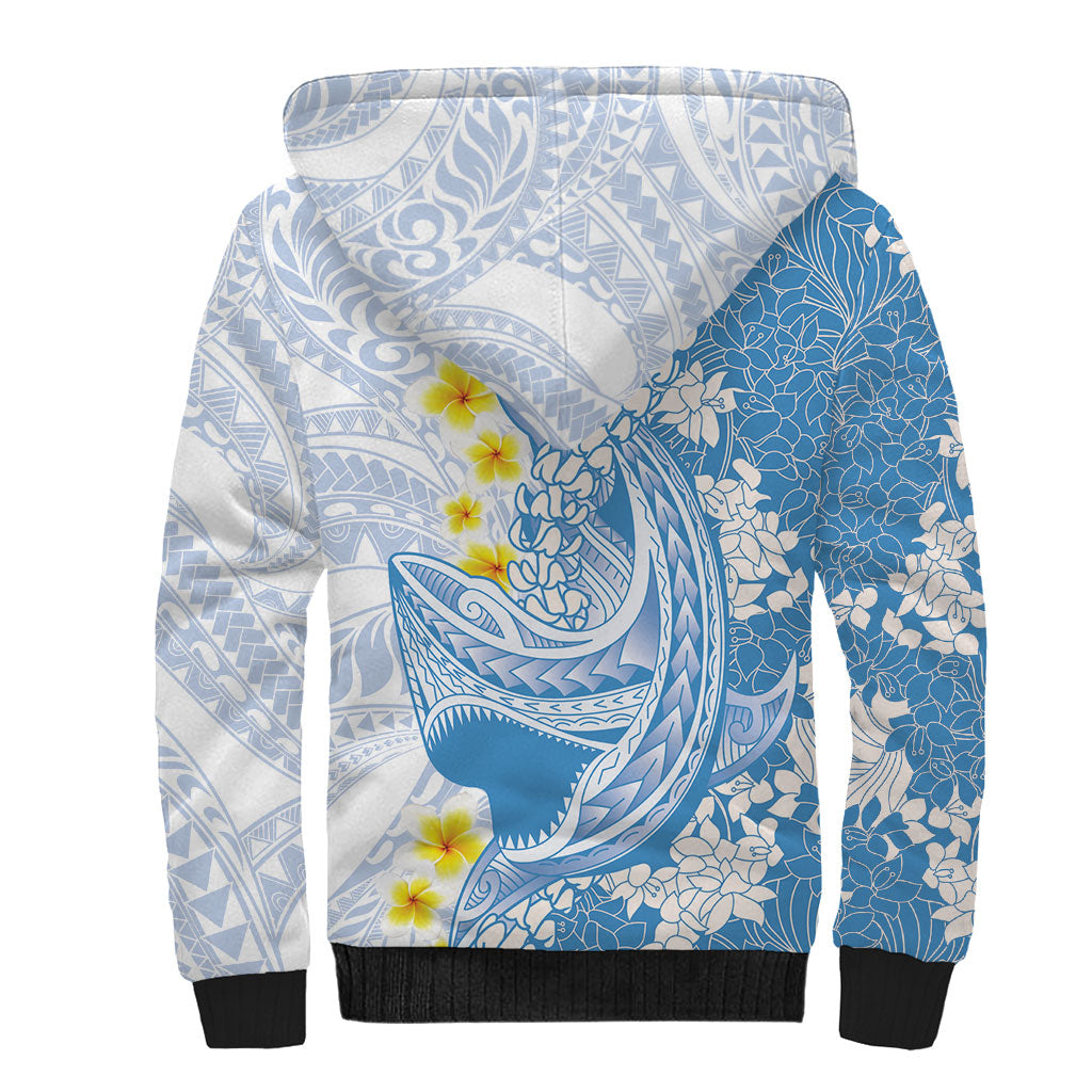 Blue Hawaii Shark Tattoo Sherpa Hoodie Puakenikeni Lei Plumeria Polynesian Pattern