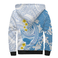 Blue Hawaii Shark Tattoo Sherpa Hoodie Puakenikeni Lei Plumeria Polynesian Pattern