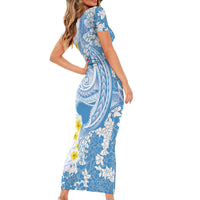 Blue Hawaii Shark Tattoo Short Sleeve Bodycon Dress Puakenikeni Lei Plumeria Polynesian Pattern LT14 - Polynesian Pride