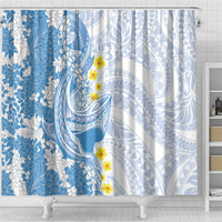 Blue Hawaii Shark Tattoo Shower Curtain Puakenikeni Lei Plumeria Polynesian Pattern