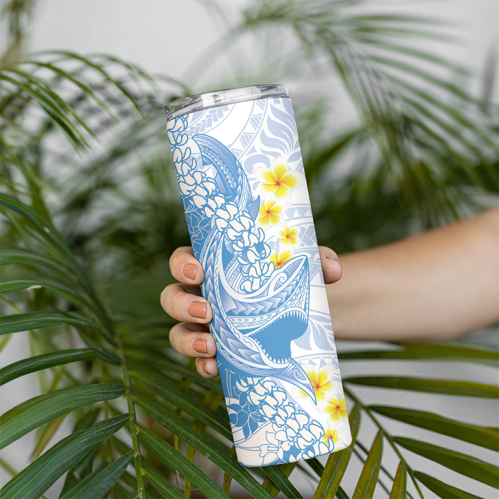 Blue Hawaii Shark Tattoo Skinny Tumbler Puakenikeni Lei Plumeria Polynesian Pattern LT14 - Polynesian Pride