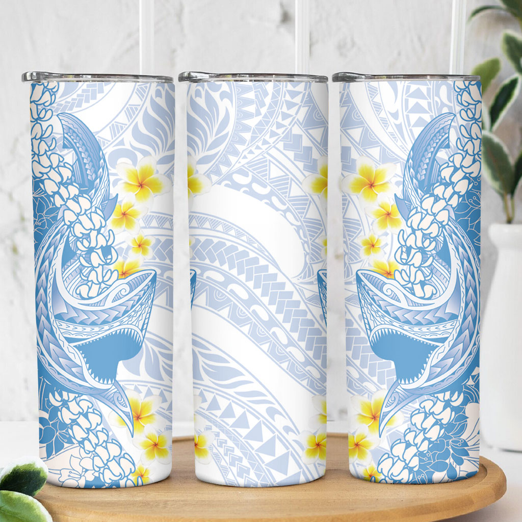Blue Hawaii Shark Tattoo Skinny Tumbler Puakenikeni Lei Plumeria Polynesian Pattern LT14 - Polynesian Pride