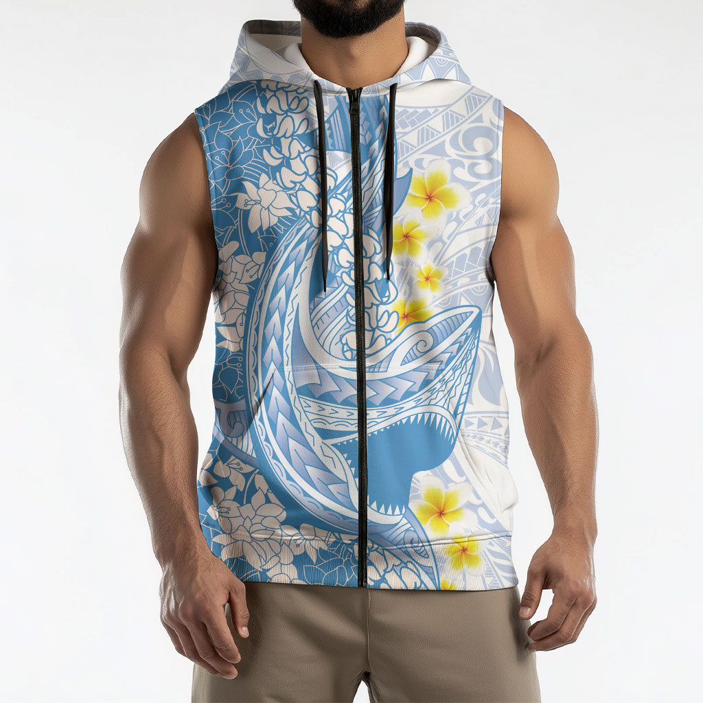 Blue Hawaii Shark Tattoo Sleeveless Zip Hoodie Puakenikeni Lei Plumeria Polynesian Pattern LT14 - Polynesian Pride
