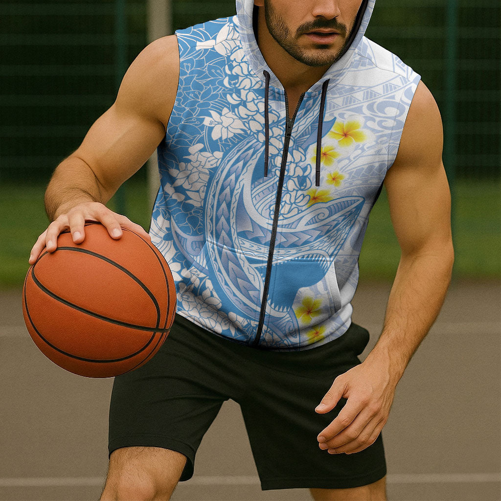 Blue Hawaii Shark Tattoo Sleeveless Zip Hoodie Puakenikeni Lei Plumeria Polynesian Pattern LT14 - Polynesian Pride