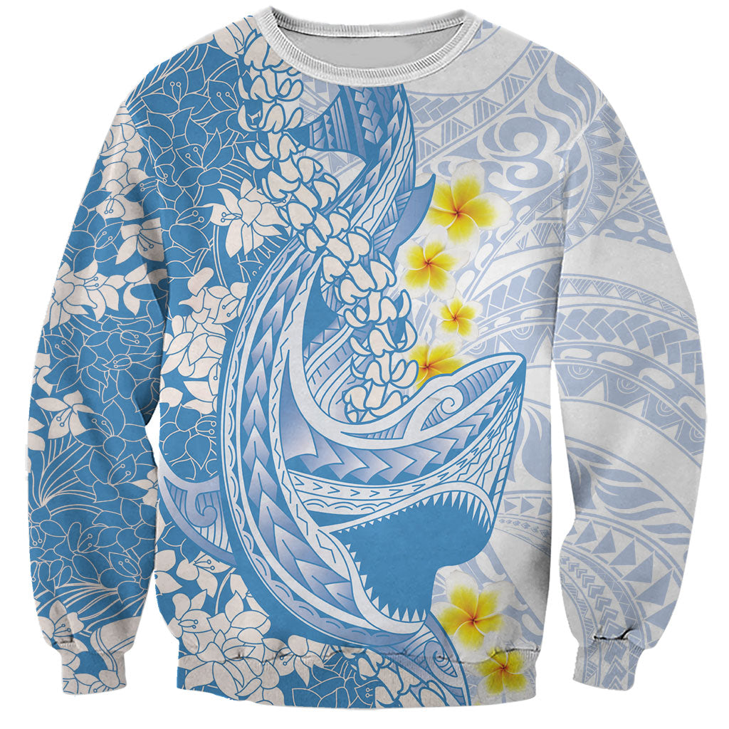 Blue Hawaii Shark Tattoo Sweatshirt Puakenikeni Lei Plumeria Polynesian Pattern LT14 Unisex Blue - Polynesian Pride