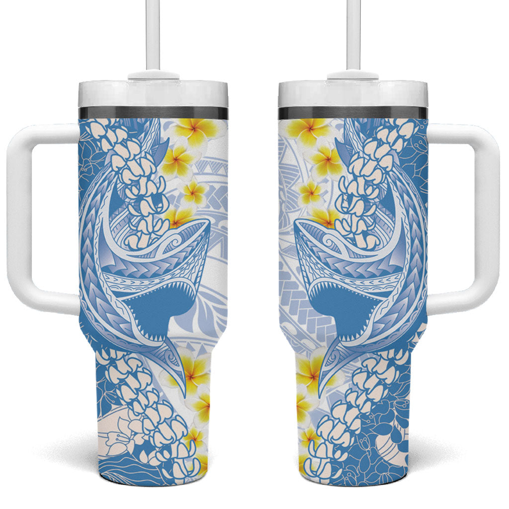 Blue Hawaii Shark Tattoo Tumbler With Handle Puakenikeni Lei Plumeria Polynesian Pattern