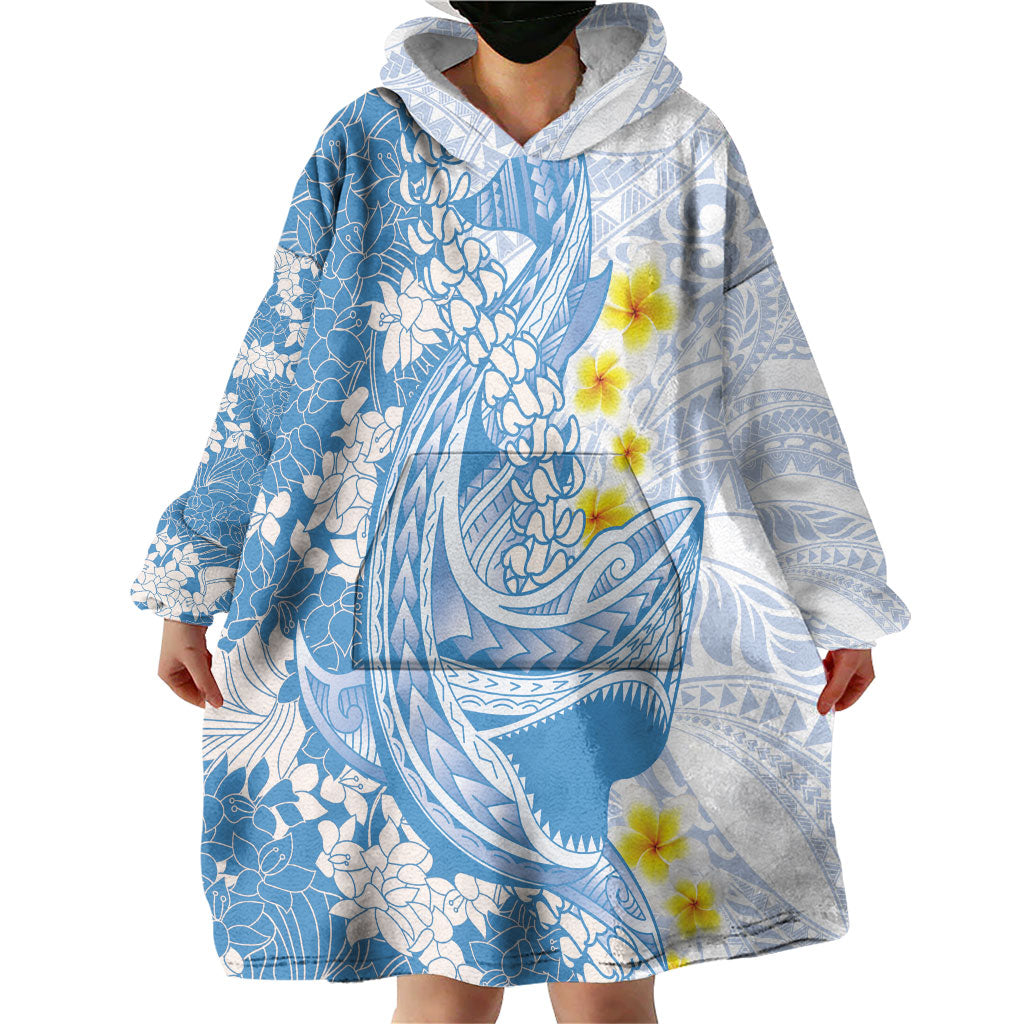 Blue Hawaii Shark Tattoo Wearable Blanket Hoodie Puakenikeni Lei Plumeria Polynesian Pattern LT14 - Polynesian Pride