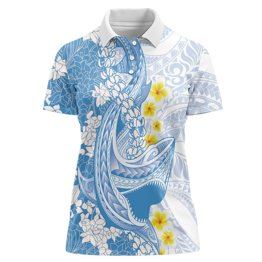 Blue Hawaii Shark Tattoo Women Polo Shirt Puakenikeni Lei Plumeria Polynesian Pattern